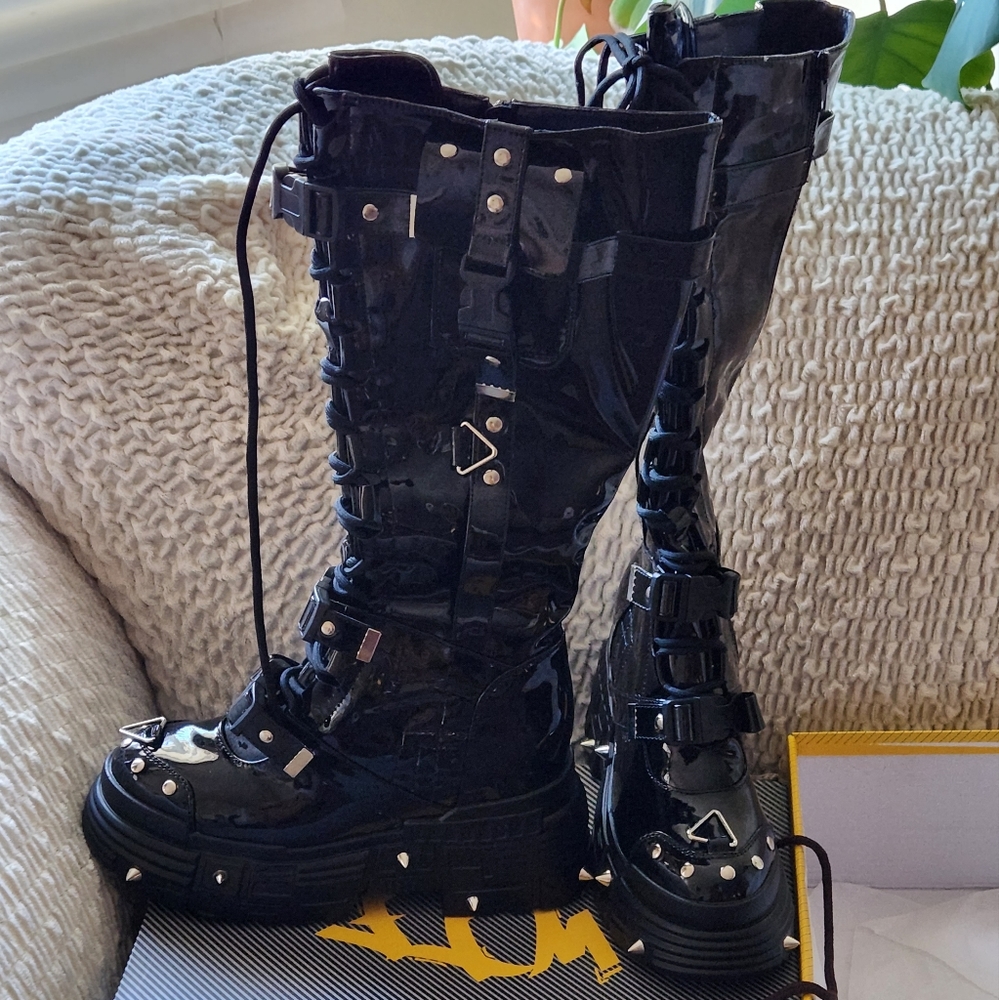 Size 10 Anthony Wang tall, black patent leather combat boots